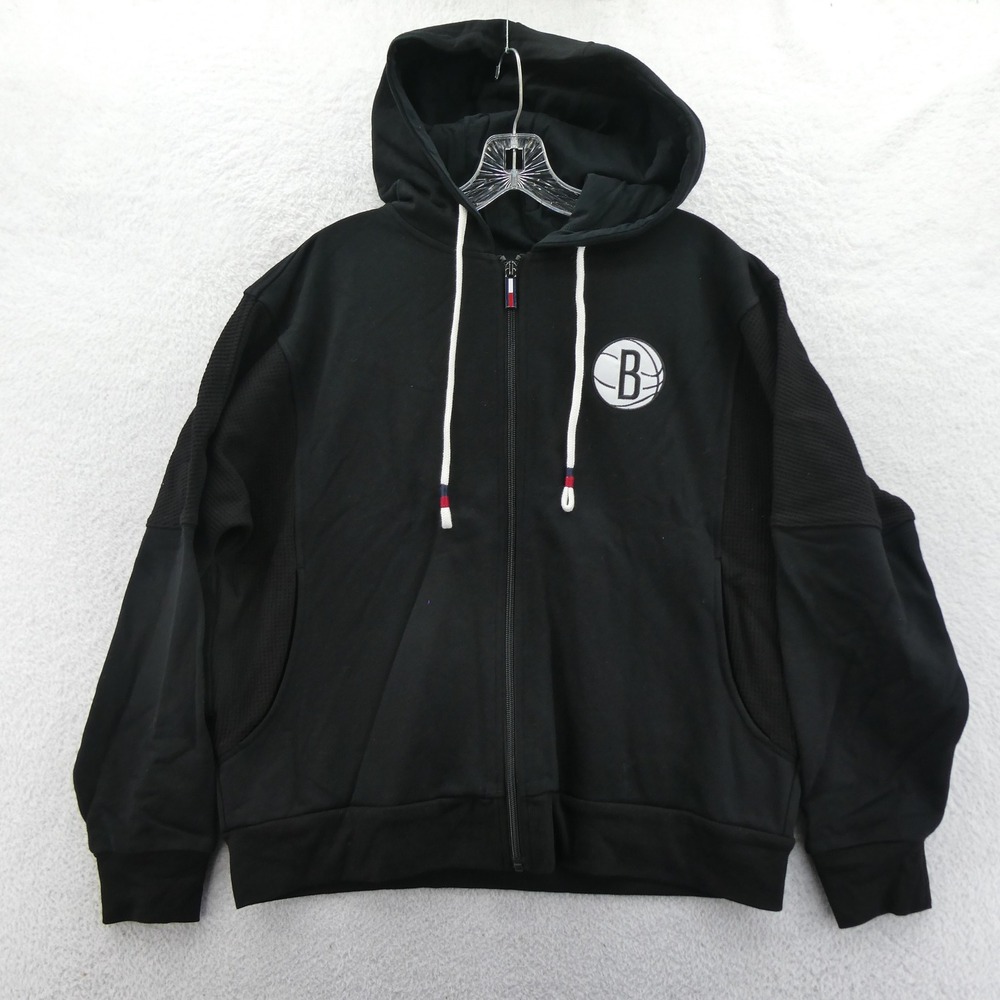 Tommy Jeans Hoodie Women Small Brooklyn Nets‎ Black Full Zip Mid Y2k Vintage NBA